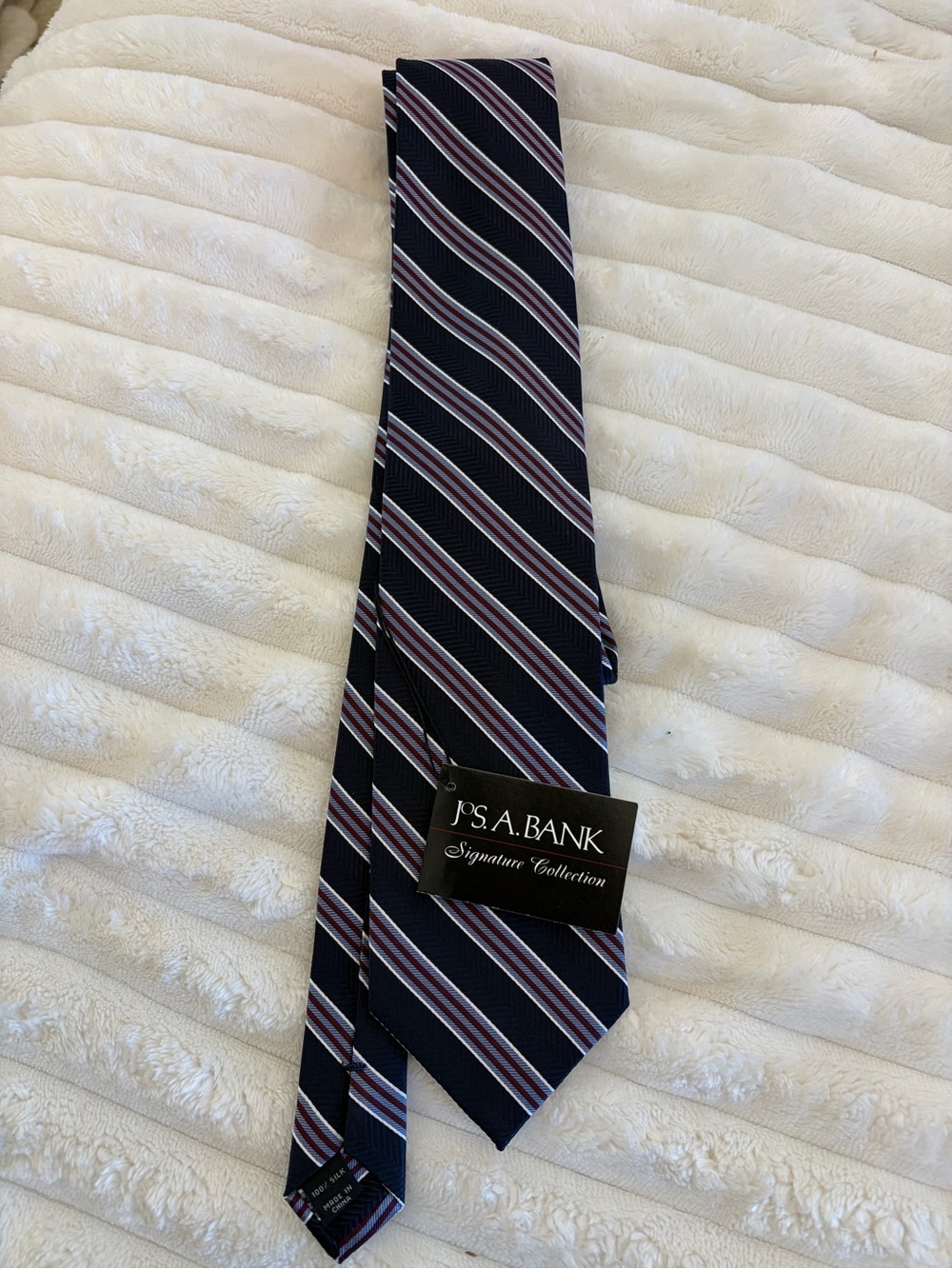 Jos. A. Bank Navy Tie with Burgundy and White Stripes